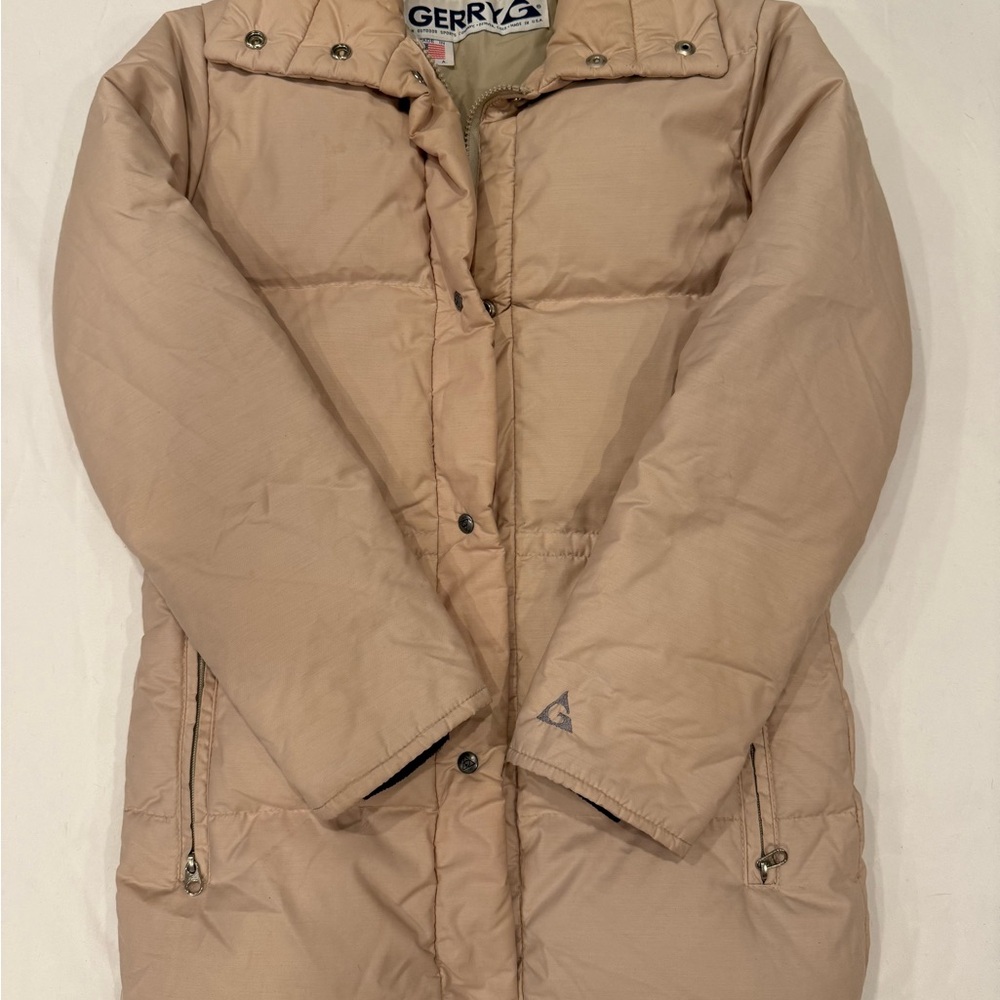 Vtg 90s Gerry Woman’s Quilted Down Tan Full Zipper and Snap Puffer Parka Coat Sm